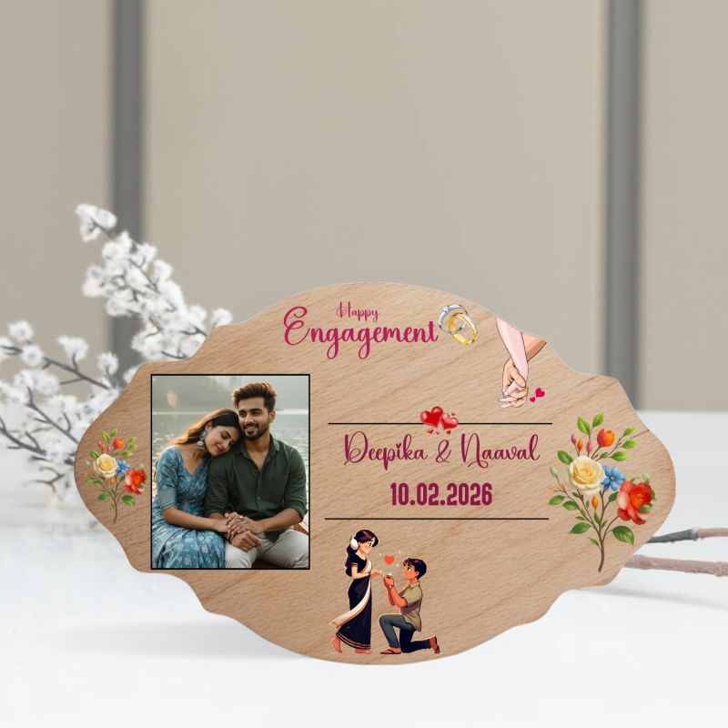 Personalized Happy Engagement Wooden Photo Frame   Engagement Gift for Couples, Best Friend, or Fiancé  Wooden Tabletop Keepsake